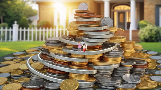 An image showing different stacks of money labeled with categories like 