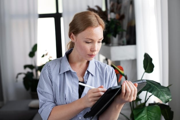 A person reviewing a budget spreadsheet on a tablet, with a pen in hand, analyzing the numbers. The setting is a comfortable home environment, emphasizing the importance of regular financial check-ins.