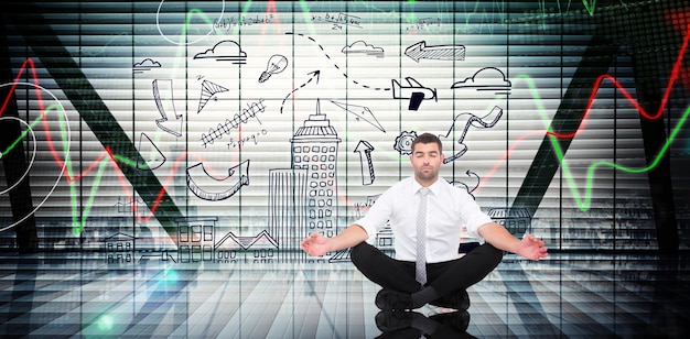 A person meditating peacefully while stock market charts fluctuate in the background, symbolizing the calm and reduced stress achieved through dollar-cost averaging. The scene is serene and emphasizes mental well-being.