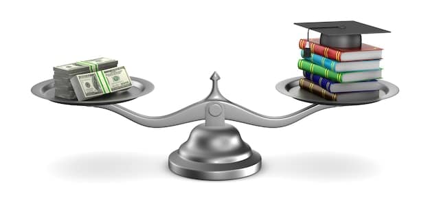 A scale balancing books on one side and money on the other, representing the weighing of options and decisions involved in managing student loan debt and understanding legislative changes.