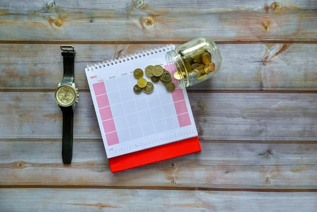 A calendar with debt repayment milestones highlighted. The calendar is on a desk with sticky notes and a calculator, emphasizing the planning and calculation involved in debt repayment.