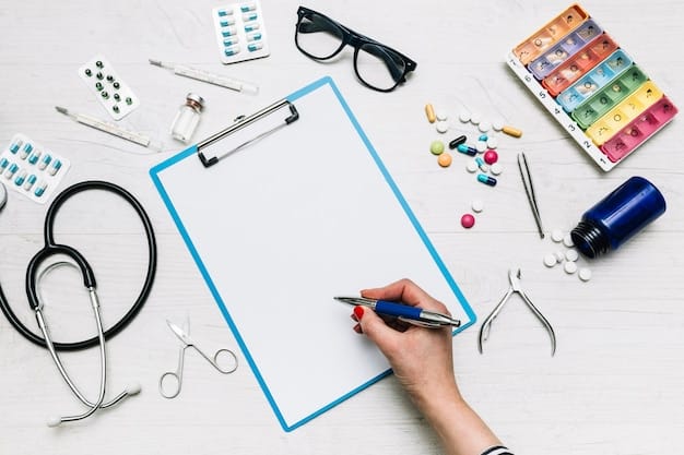 A person reviewing a list of qualified medical expenses, with various healthcare items (prescription bottles, eyeglasses, dental floss) arranged around the list.
