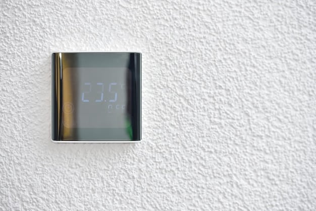 A close-up shot of a modern, energy-efficient smart thermostat mounted on a wall, displaying energy consumption data. Clean, high-tech aesthetic.